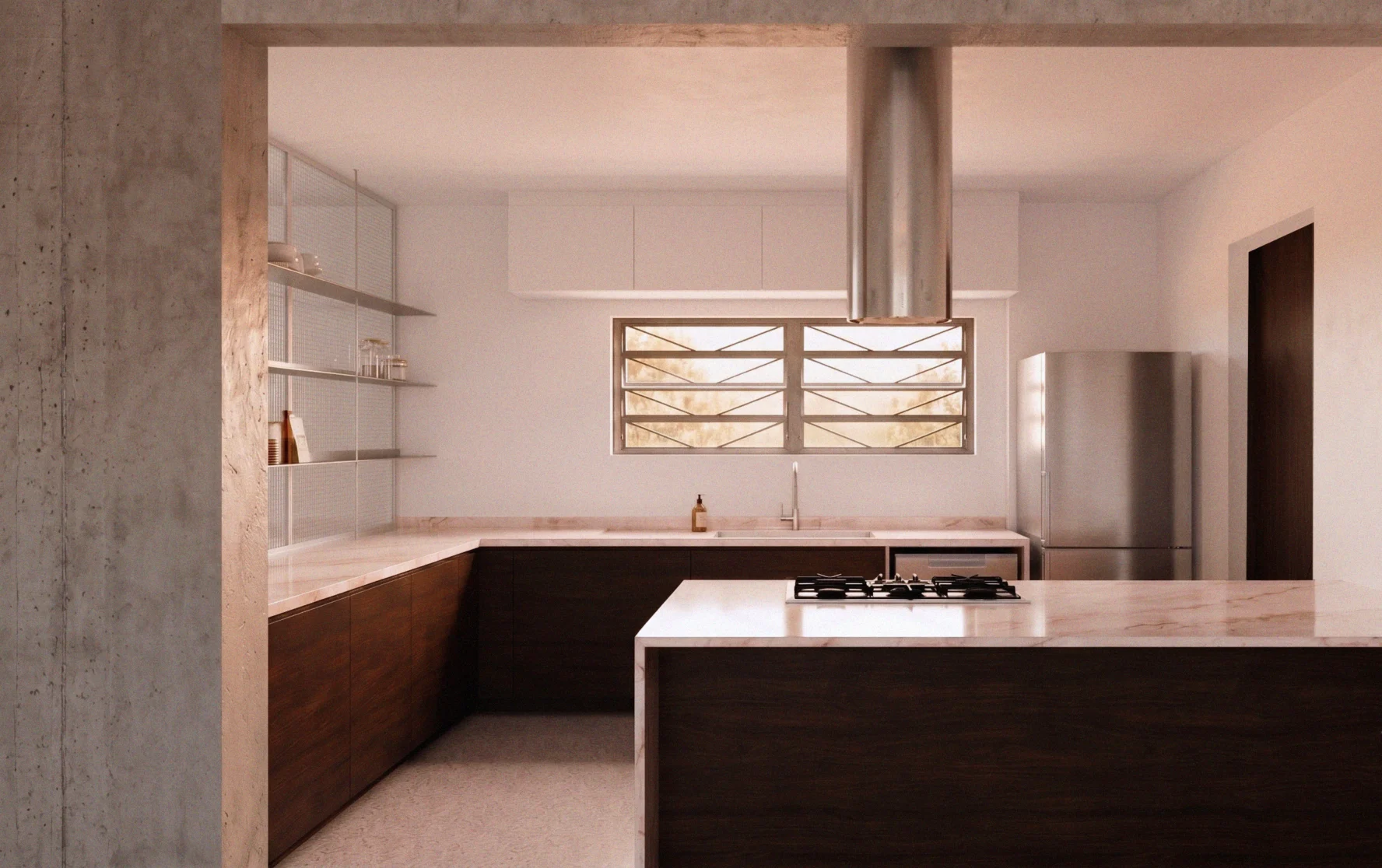 Perspectiva de projeto de cozinha integrada no Apartamento Itacolomi com ilha central de mármore, armários em madeira escura, coifa cilíndrica de inox e prateleiras metálicas.