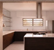 Perspectiva de projeto de cozinha integrada no Apartamento Itacolomi com ilha central de mármore, armários em madeira escura, coifa cilíndrica de inox e prateleiras metálicas.