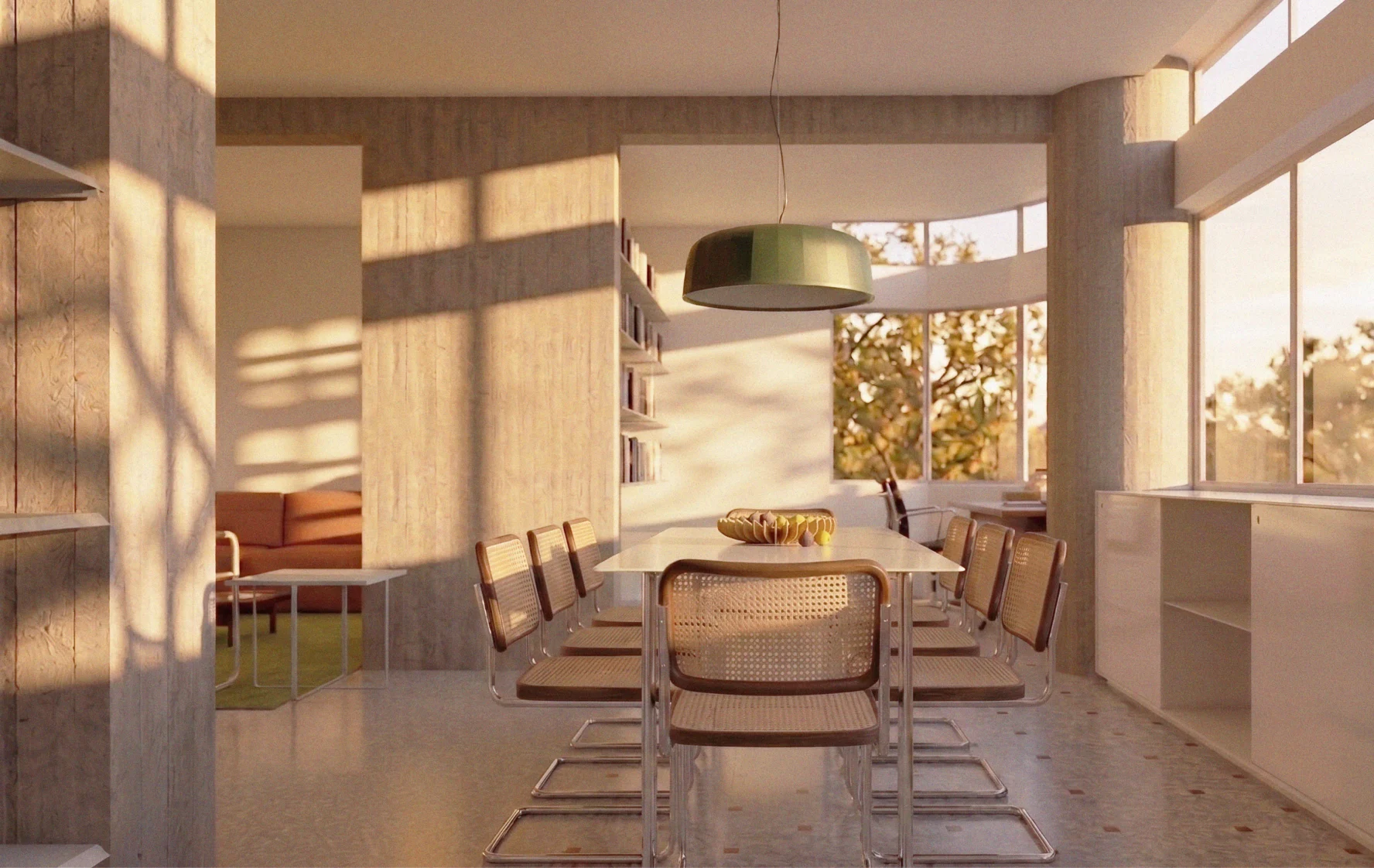 Perspectiva de projeto da sala de jantar no Apartamento Itacolomi com mesa retangular, cadeiras Cesca com palhinha, luminária pendente verde e pilares em concreto aparente iluminadas pela luz do sol.
