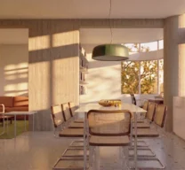 Perspectiva de projeto da sala de jantar no Apartamento Itacolomi com mesa retangular, cadeiras Cesca com palhinha, luminária pendente verde e pilares em concreto aparente iluminadas pela luz do sol.