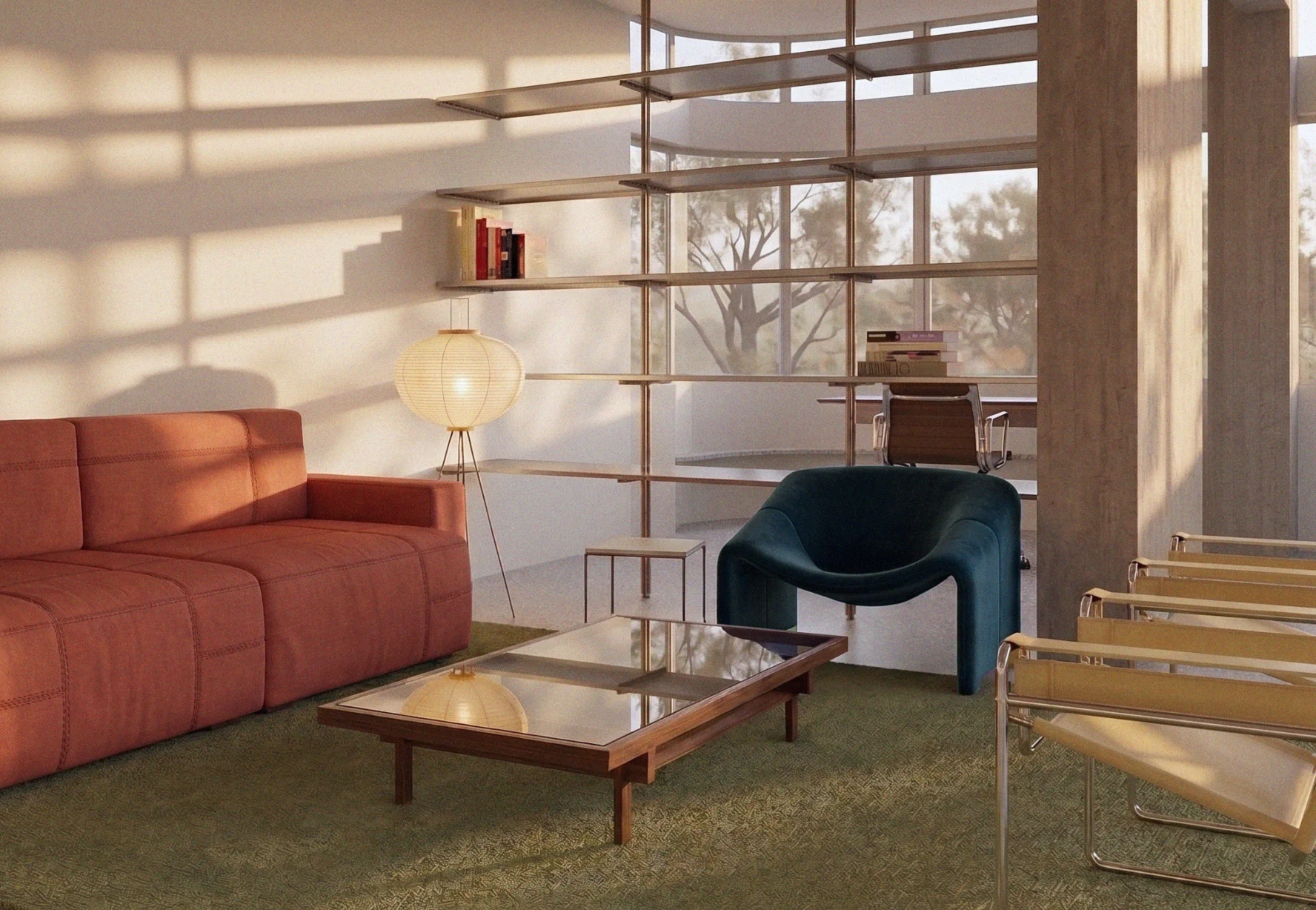 Perspectiva de projeto da sala de estar no Apartamento Itacolomi com sofá terracota, poltrona azul escuro, poltronas Wassily, mesa de centro de vidro, luminária de papel estilo Akari e estante vazada metálica.